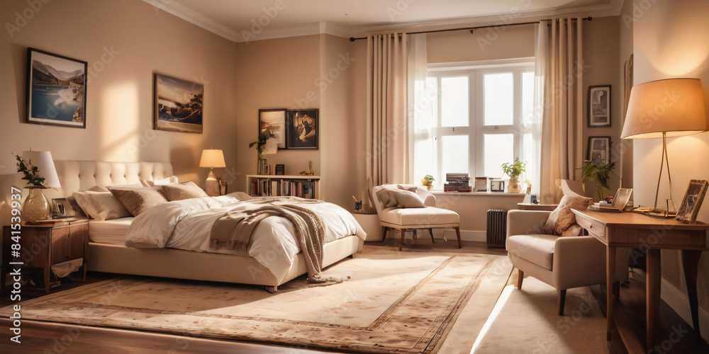 Fototapeta premium A cozy beige bedroom with a plush area rug and a comfortable reading nook.