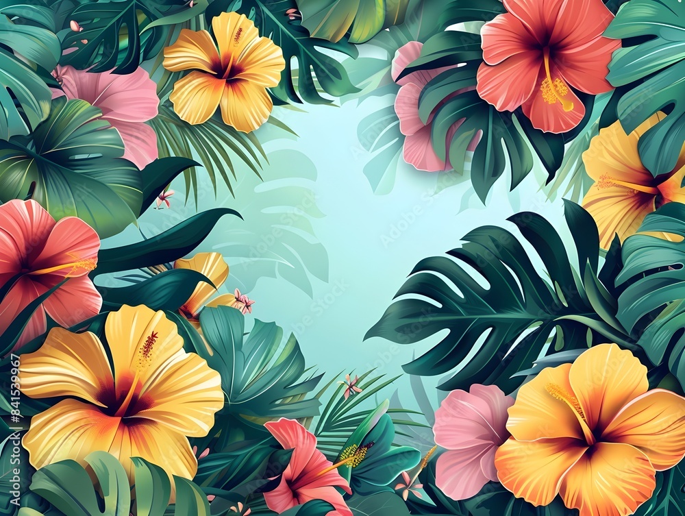 Bright and Vibrant Tropical Flower and Leaf Frame with Cheerful Floral Background Concept Bright and Vibrant Tropical Flower and Leaf Frame with Cheerful Floral Background Concept