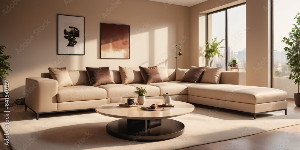 Fototapeta premium A modern beige living room with a sleek, low-profile sofa and a minimalist coffee table.