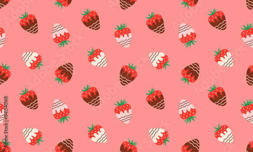 Strawberry in chocolate seamless pattern. Sweet strawberries in chocolate fondue snack. Juicy summer berries. Flat Vector illustration