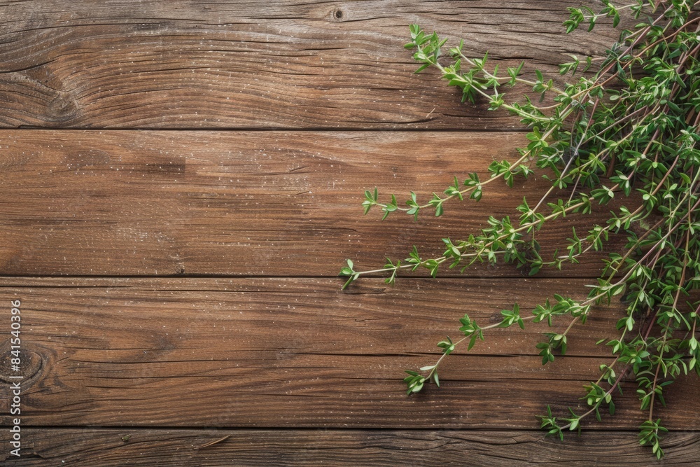 Sprigs of thyme beautifully arranged on a wooden table, top view