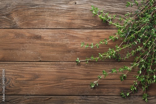 Sprigs of thyme beautifully arranged on a wooden table, top view