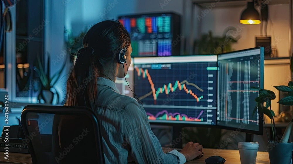 Naklejka premium Female trader working on stock market analysis on her desktop with overlaying charts