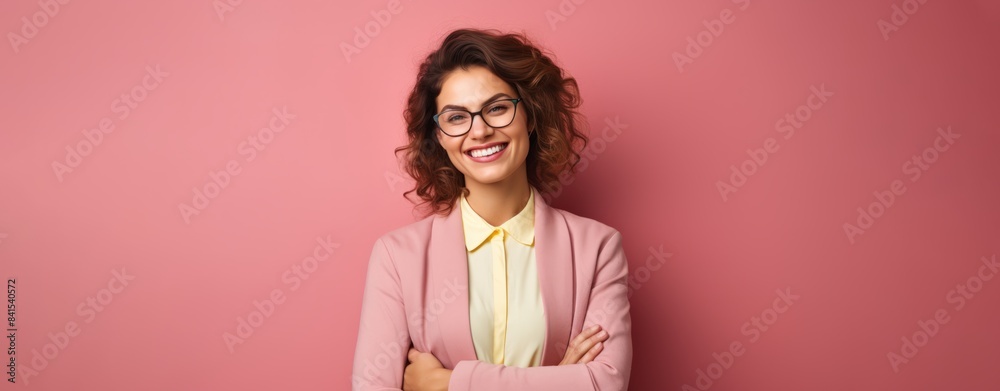 A young woman smile in a suit on a pink background
A young woman smile in a suit on a pink background