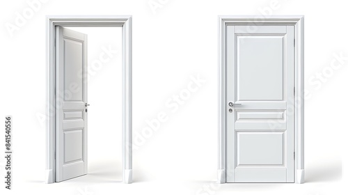 two white doors one closed and one open. The closed door has a white wooden frame and is painted in white. 
