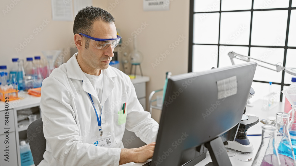 Hispanic scientist man working on computer in a laboratory setting with safety glasses and lab coat. Hispanic scientist man working on computer in a laboratory setting with safety glasses and lab coat.