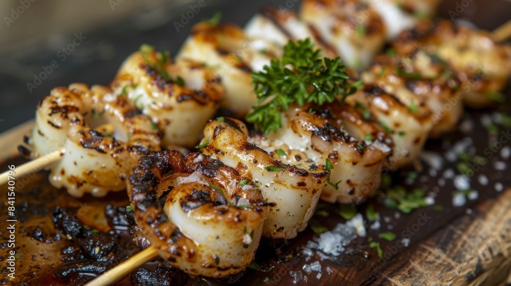 A wooden skewer threaded with succulent grilled squid rings, fresh off the barbecue and ready to be enjoyed with a sprinkle of sea salt A wooden skewer threaded with succulent grilled squid rings, fresh off the barbecue and ready to be enjoyed with a sprinkle of sea salt
