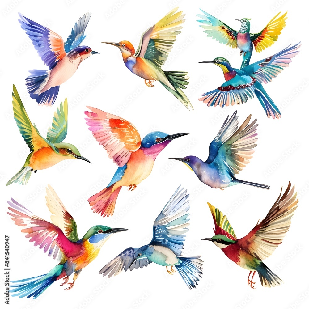Obraz premium Stunning Watercolor of Vibrant Hummingbirds Soaring in Flight on White Background