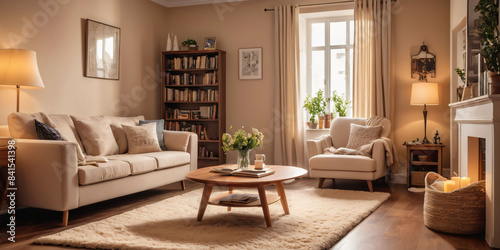 A cozy beige living room with a plush area rug and a comfortable reading nook.