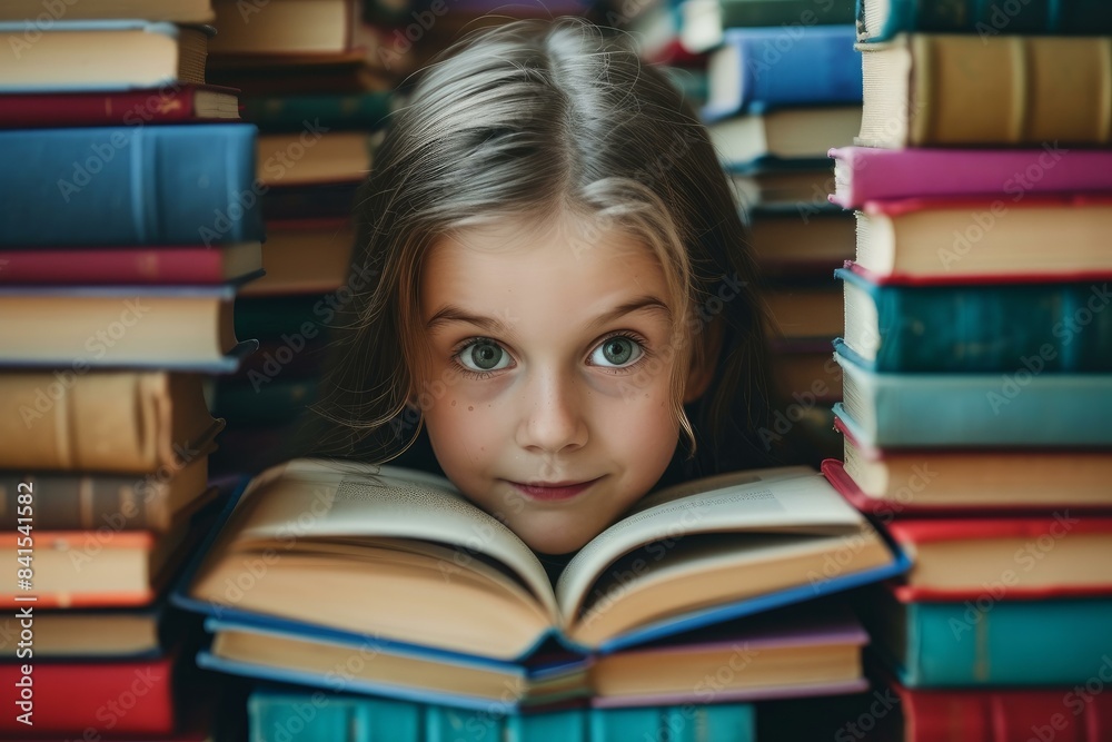 Young girl with big eyes peeking out from between stacks of colorful books Young girl with big eyes peeking out from between stacks of colorful books