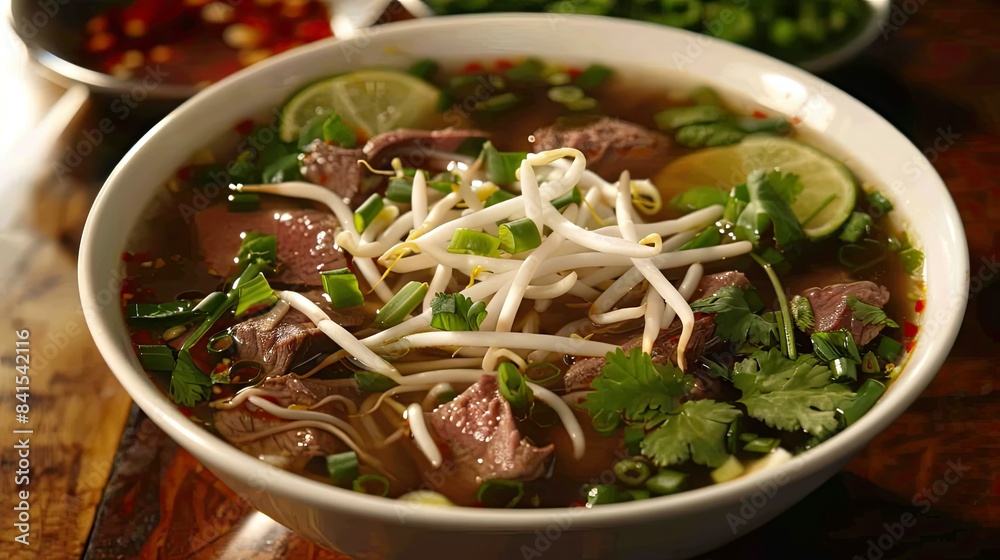 Indulge in the comforting flavors of pho soup, featuring beef, rice noodles, bean sprouts, herbs, and lime Indulge in the comforting flavors of pho soup, featuring beef, rice noodles, bean sprouts, herbs, and lime