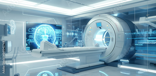 futuristic medical lab with holographic displays and advanced technology, white color theme with blue highlights, an abandoned MRI machine in the center of the room, a digital interface showing data © Evgenia