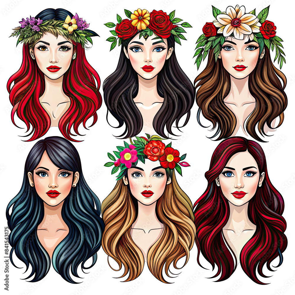 Obraz premium A digital illustration of six beautiful women with long flowing hair, each wearing a colorful flower crown. Generative AI