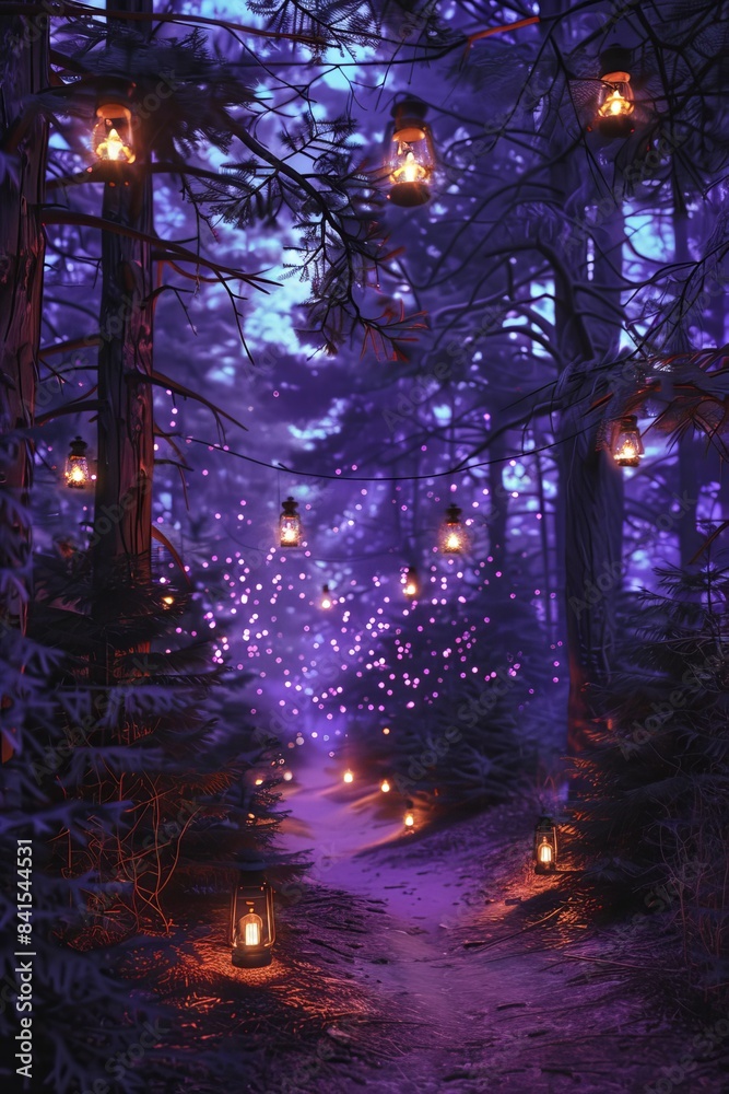Romantic Forest Ambiance with Lanterns and Twinkling Lights Generative AI