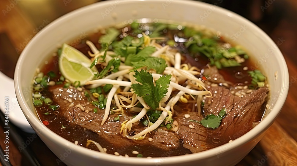 Satisfying bowl of pho soup, featuring beef, rice noodles, bean sprouts, fresh herbs, and a tangy lime twist Satisfying bowl of pho soup, featuring beef, rice noodles, bean sprouts, fresh herbs, and a tangy lime twist