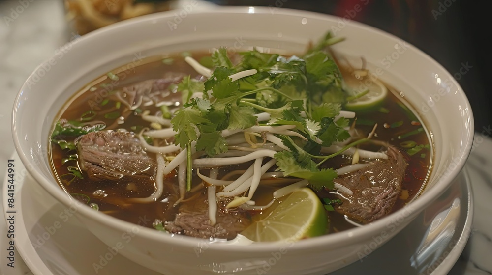 Savor the deliciousness of Vietnamese pho soup, featuring beef, rice noodles, bean sprouts, herbs, and lime