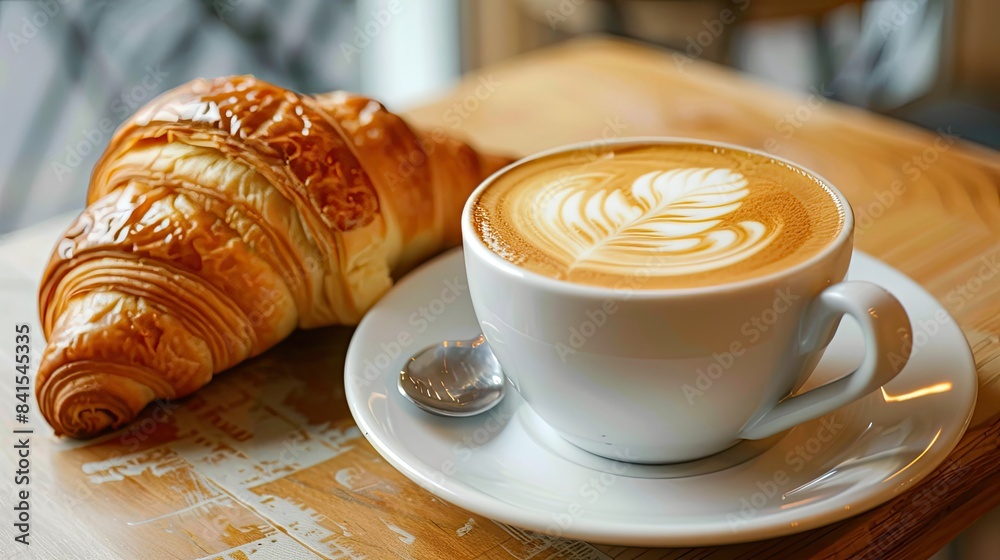 Savor the moment: coffee with latte art and a croissant, a delightful morning ritual Savor the moment: coffee with latte art and a croissant, a delightful morning ritual