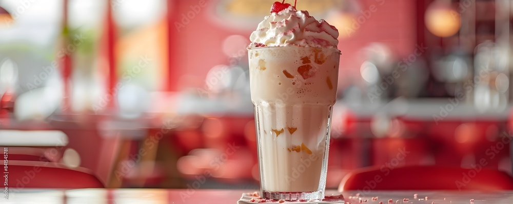 Fototapeta premium Refreshing Ice Cream Float with Whipped Cream and Cherry in Retro Diner Setting
