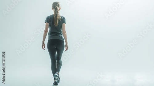 A woman walking away on a light gradient background, capturing a concept of journey or solitude. Generative AI