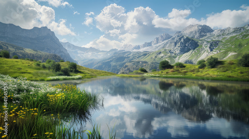 Serene mountain valley with reflective pond and wildflowers