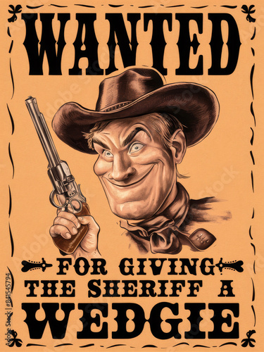 A wanted poster featuring a mischievous cowboy with wide grin, holding revolver. Text reads: 