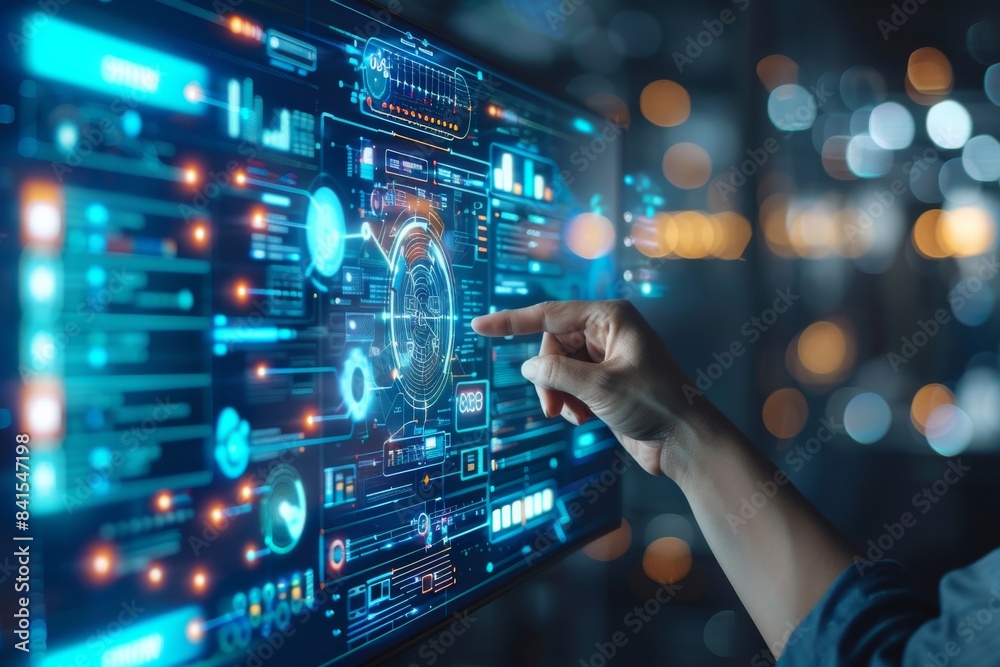 A man is touching a computer virtual screen with his finger A man is touching a computer virtual screen with his finger
