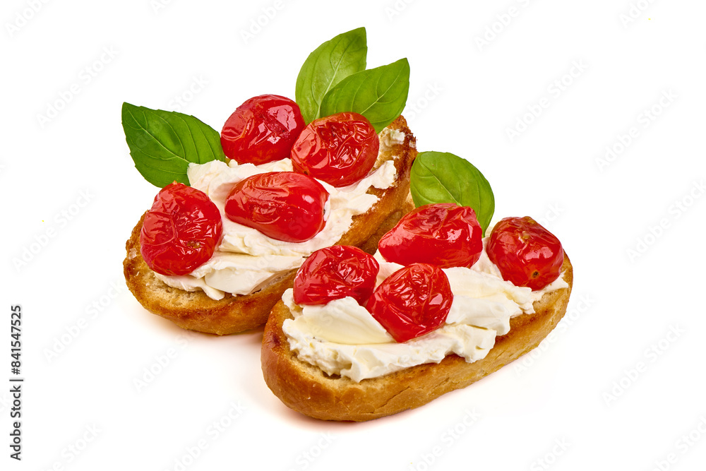 Bruschetta with cream cheese, isolated on white background. High resolution image. Bruschetta with cream cheese, isolated on white background. High resolution image.