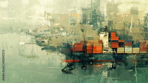 A painting of a city with a large ship in the middle. The ship is surrounded by many other ships and buildings. The mood of the painting is one of chaos and busyness, with the ships