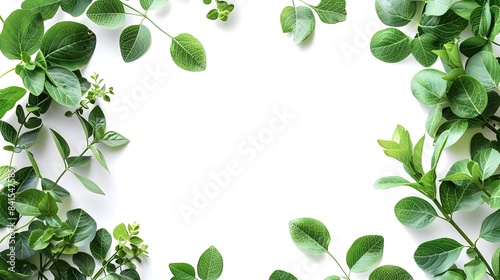 Beautiful Small Green Leaves Border Frame on White Background Emphasizing Natural Beauty and Fine Details
