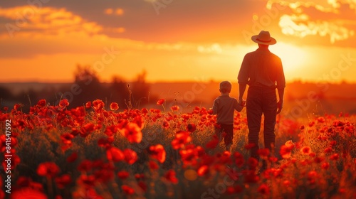 Father and Son Walking Through Poppy Field at Sunset