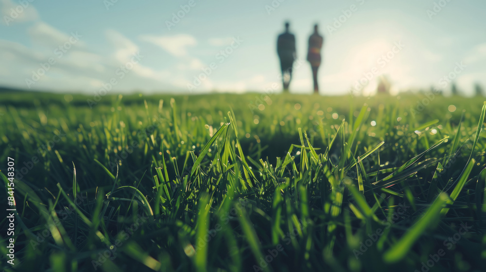 Two people standing on grass field under a sunny sky Two people standing on grass field under a sunny sky