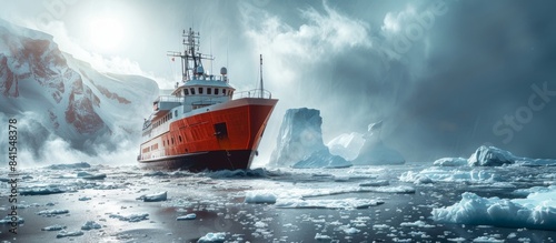 Expedition Ship Navigating Through Icy Antarctic Waters in Breathtaking Polar Landscape