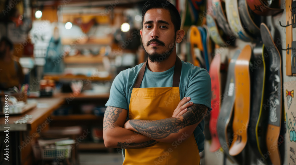 Serious man in apron posing confidently inside a skateboard workshop