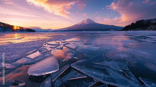 Stunning sunset over frozen Lake Yamanaka near Mount Fuji, Japan photo