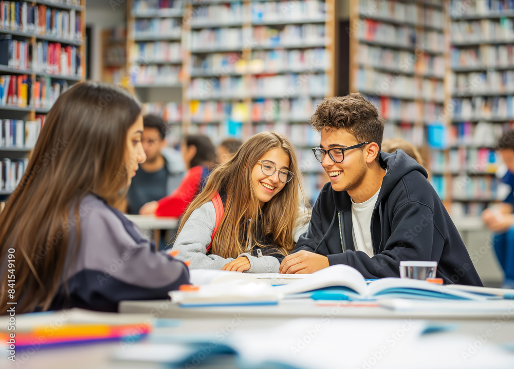 Two teenagers smiling and studying together in a library with books, casual wear, library background, concept of friendship and learning. Generative AI Two teenagers smiling and studying together in a library with books, casual wear, library background, concept of friendship and learning. Generative AI
