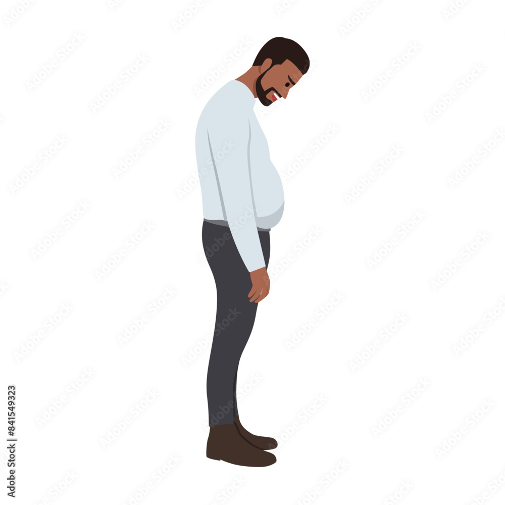 Young overweight man worries about his fat belly. Flat vector illustration isolated on white background