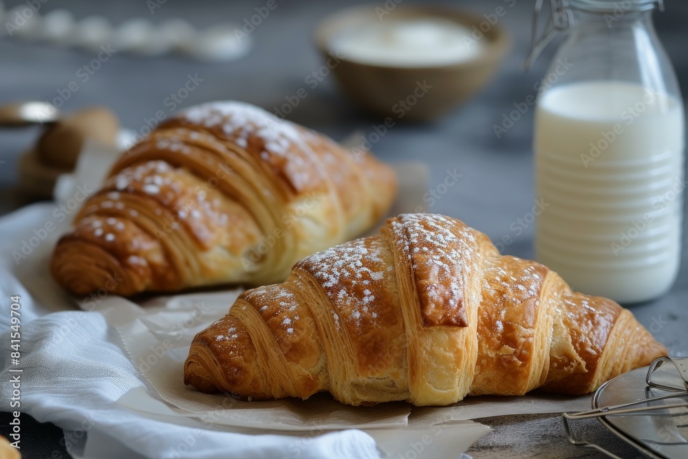 Two golden croissants paired with a bottle of milk, ready for a delightful breakfast Two golden croissants paired with a bottle of milk, ready for a delightful breakfast
