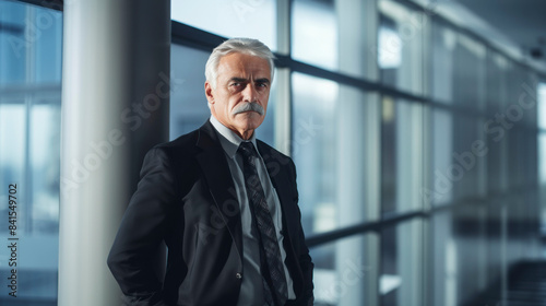 Confident senior businessman in a suit standing in a modern office building with large windows. Professional corporate image. © LightoLife