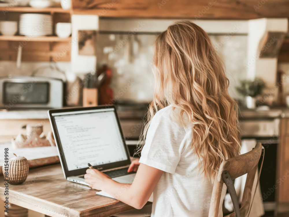 A woman with blonde hair using a laptop in a rustic kitchen, natural light, concept of remote work. Generative AI