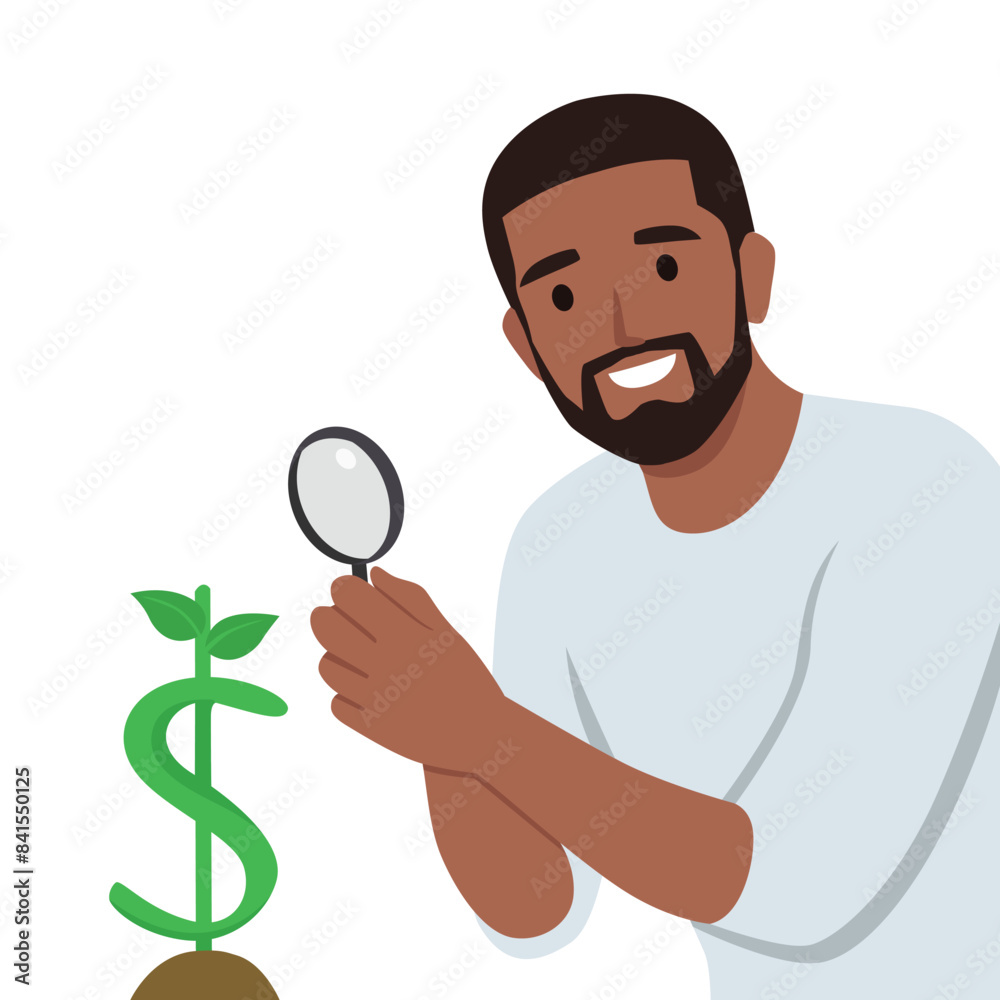 Business man looking through magnifying glass at dollar signs symbol in a plant shape. Flat vector illustration isolated on white background Business man looking through magnifying glass at dollar signs symbol in a plant shape. Flat vector illustration isolated on white background