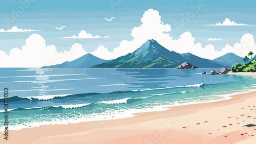 a painting of a beach with a mountain in the background