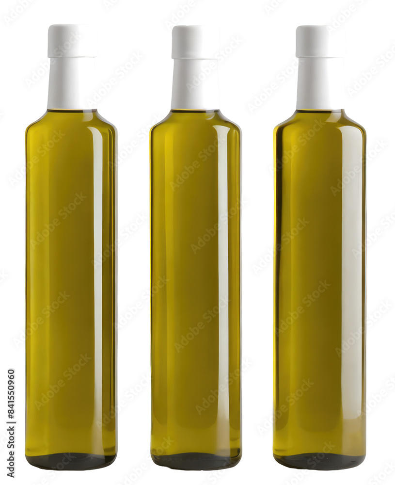 PNG isolated on transparent background. Glass bottles of olive oil with empty, blank area for brand logo. PNG isolated on transparent background. Glass bottles of olive oil with empty, blank area for brand logo.