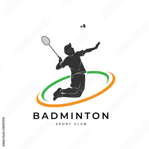 Badminton Jumping Smash Illustration logo design. Modern Passionate Badminton Player In Action Logo design template