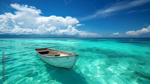 Turquoise waters with boat  tropical island scenery  expansive blue sky  soft white clouds.