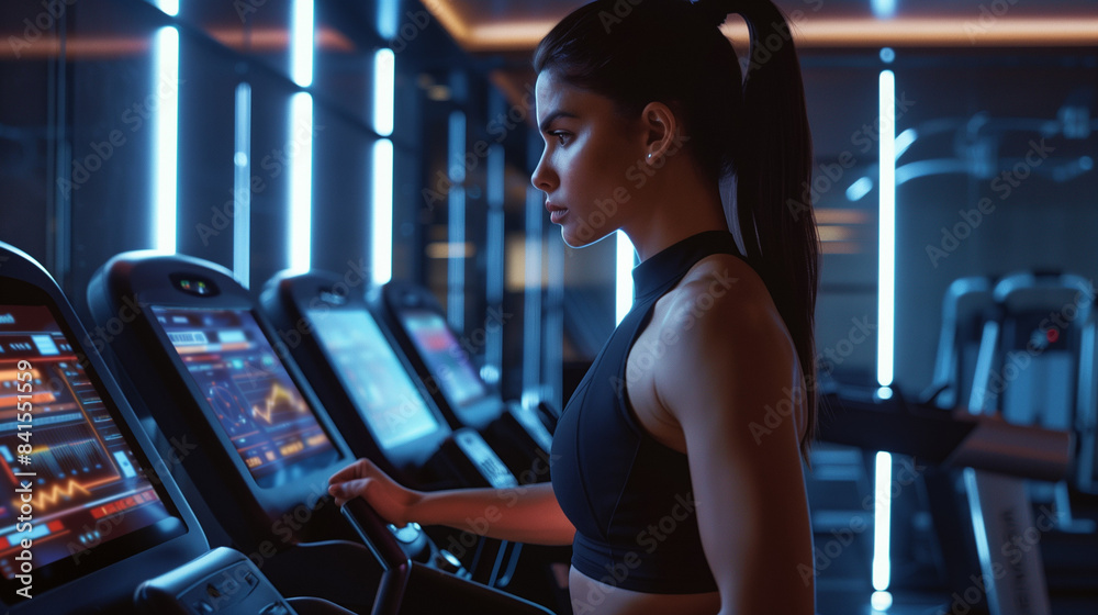 AI-Powered Fitness Trainer Delivering Personalized Workouts Through a Sleek Interface in a Modern Gym Setting