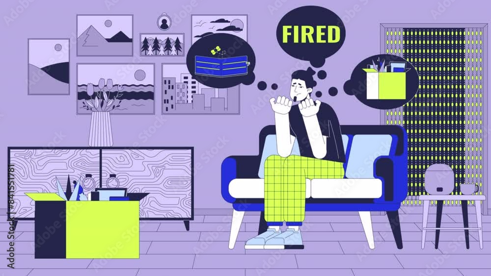Dismissed caucasian man sitting at home line cartoon animation. Job losing problem 4K video motion graphic. Fired european guy negative thoughts 2D linear animated character on interior background