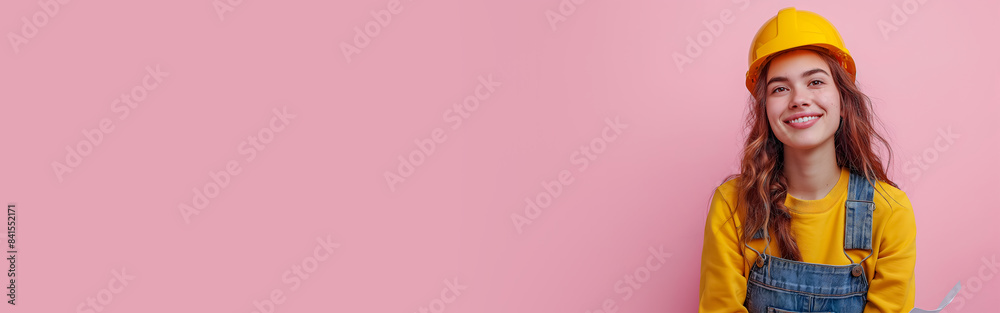 On a pink isolated background, a young blonde woman in a hard hat. The concept of advertising construction and repair, sale of building materials Banner On a pink isolated background, a young blonde woman in a hard hat. The concept of advertising construction and repair, sale of building materials Banner