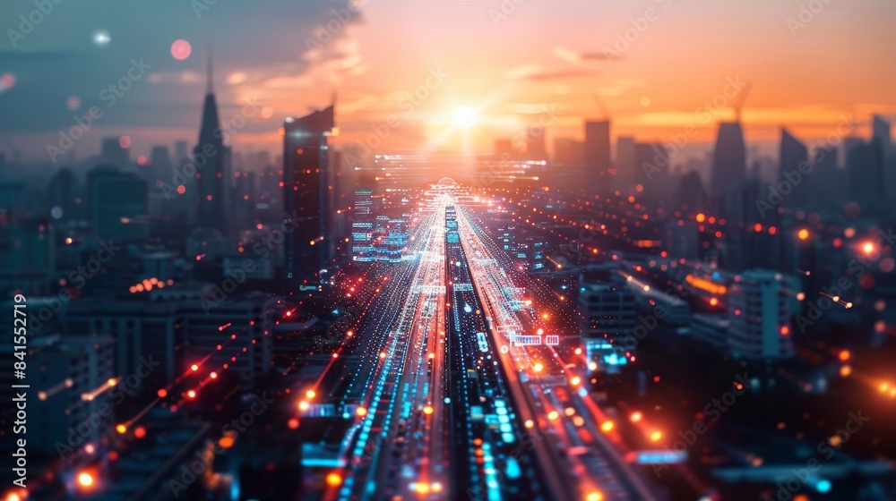 A futuristic cityscape with neon lights forming thought bubbles, showcasing a city powered by ideas and innovation.