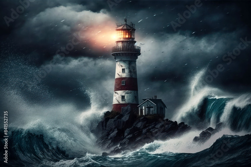Large red and white lighthouse on storm filled night with a beam of light shining out to sea. Dark clouds, big waves and storm around the light house. Generative AI