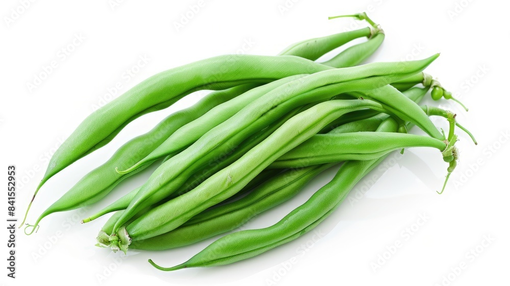Three fresh whole green beans arranged diagonally on a white background Three fresh whole green beans arranged diagonally on a white background